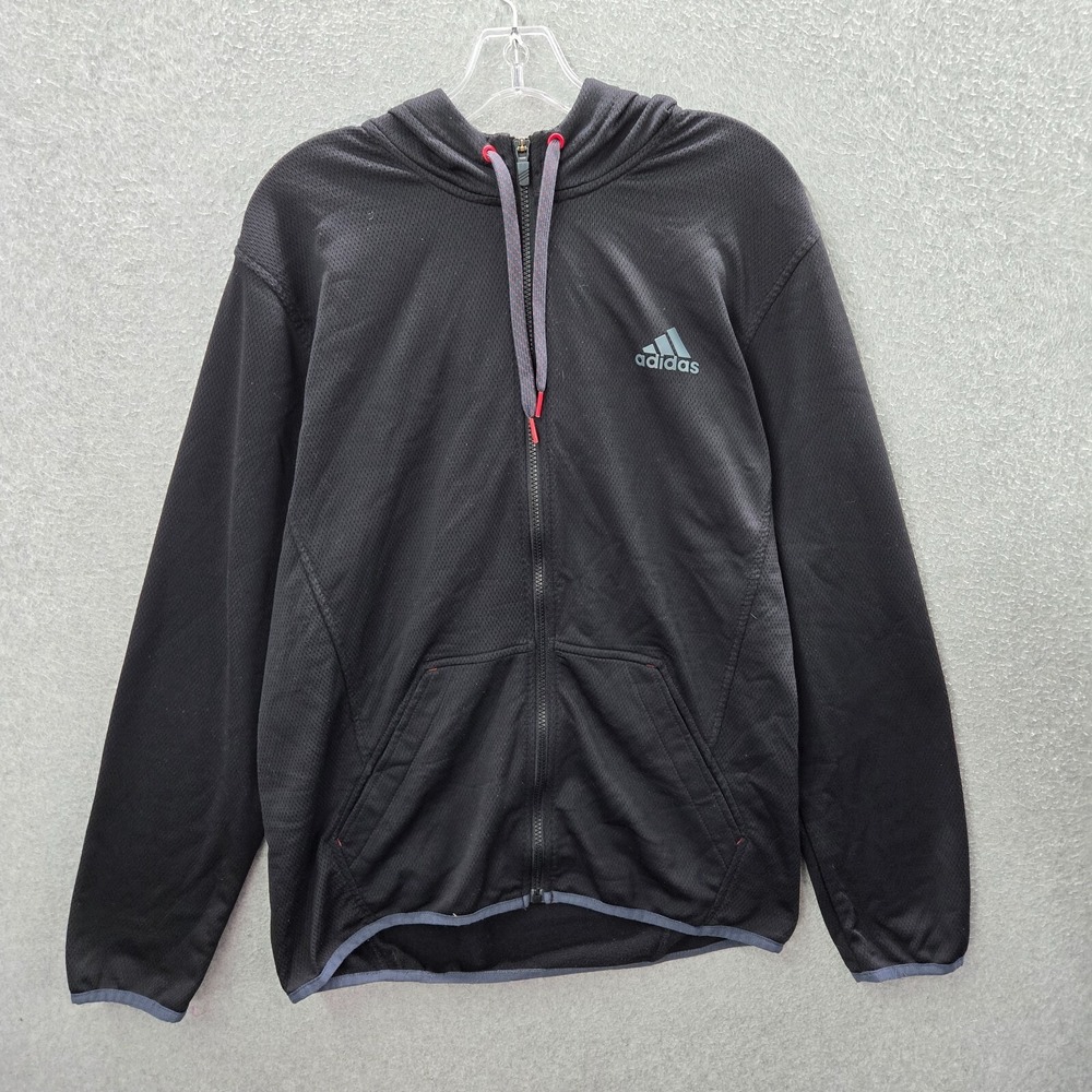 Adidas Men Sweatshirt Medium Black Full Zip Hoodie Fleece 3 Stripes‎ Drawstring